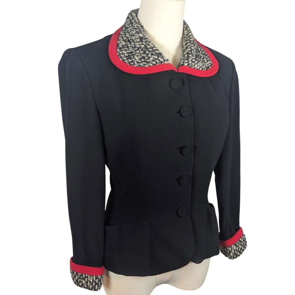 Vintage 1940s Red Trim‎ Tweed Wool Blazer Fitted Nipped Waist Jacket